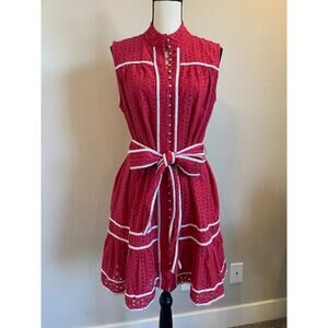 J Marie Women's McKinley Dress Red Eyelet Sheath Dress Tie Belt Size Large